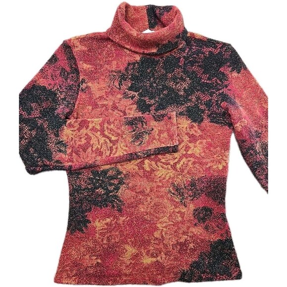 Cache Turtle Neck Metallic Floral Knit Sweater Women's S Stretch Red Black Gold - Picture 1 of 6